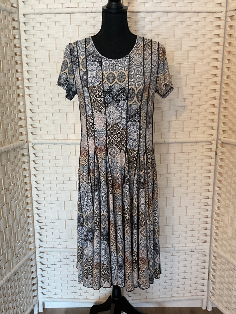 Christopher & Banks Black, Cream and Brown Patterned Short-Sleeve Midi Dress